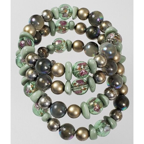 Chico's Wrap Stack Bracelet Green Flowers - Picture 2 of 5